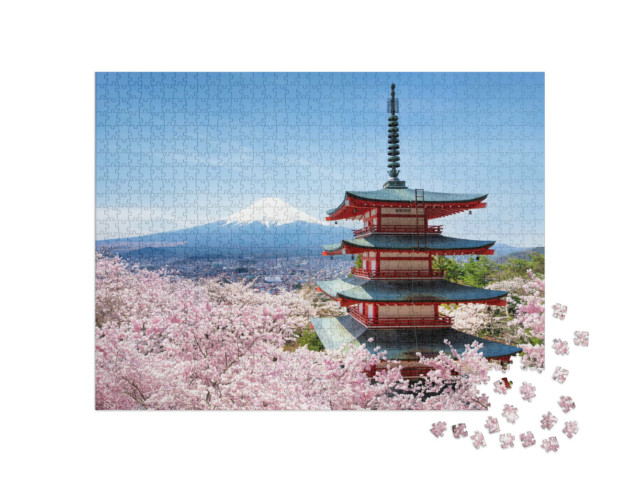Puzzle 1000 Teile „Chureito Pagode und Berg Fuji im Kirschblütenmeer, Japan“