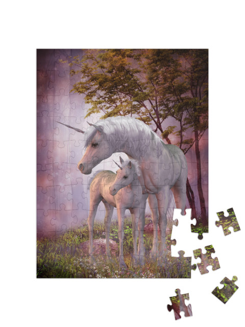 Puzzle 100 Teile „Einhornstute und Fohlen, magischer Wald“