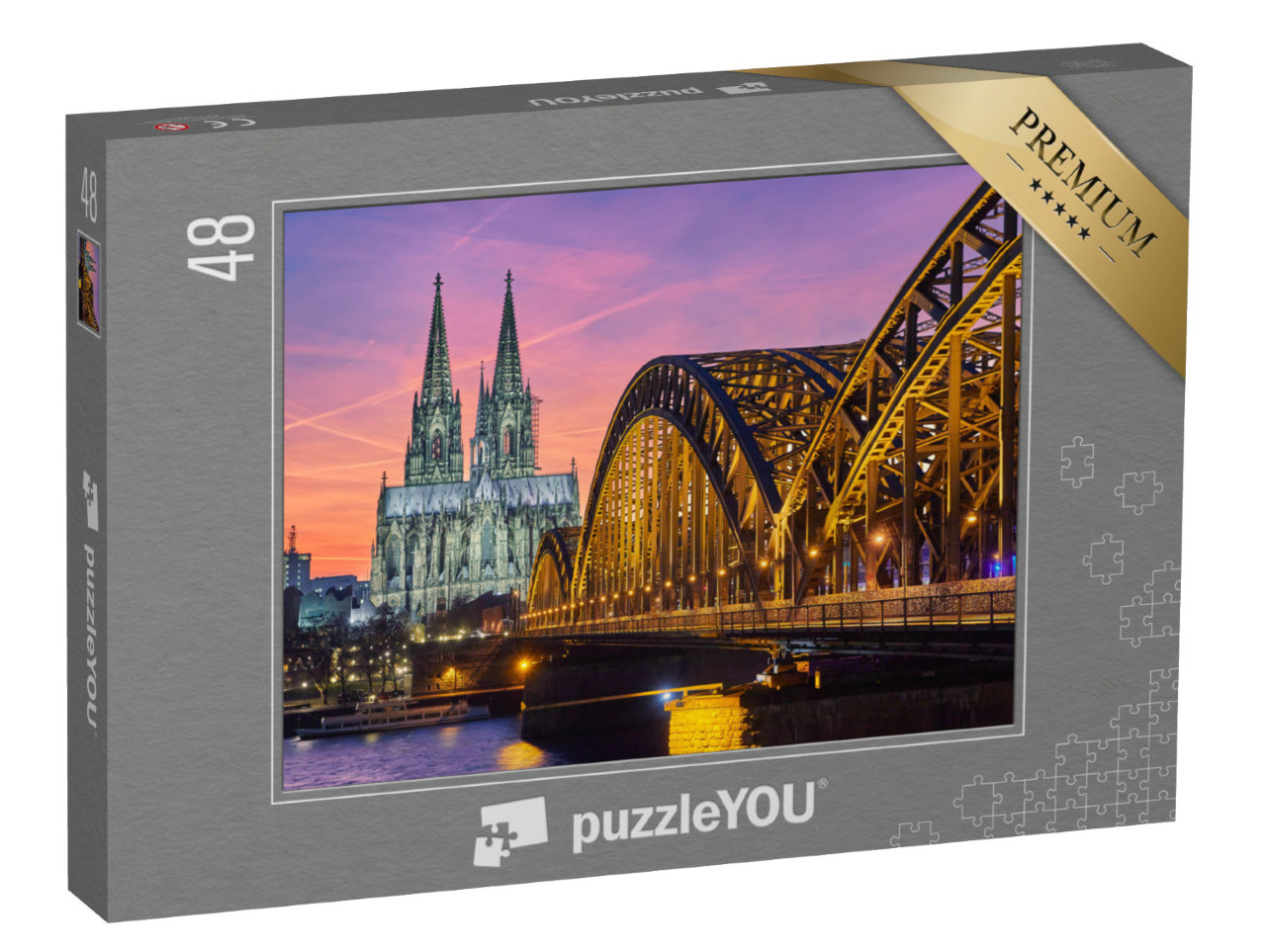 Puzzle 48 Teile „Kölner Dom und Hohenzollernbrücke bei Sonnenuntergang“