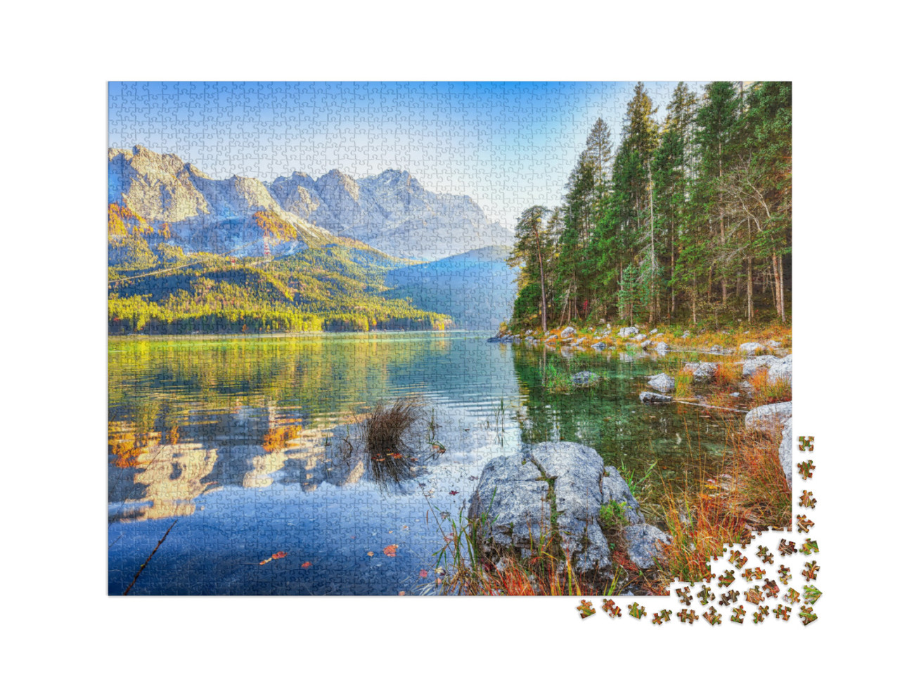 Puzzle 2000 Teile „Eibsee vor dem Gipfel der Zugspitze im Herbstlist, Bayern, Deutschland“