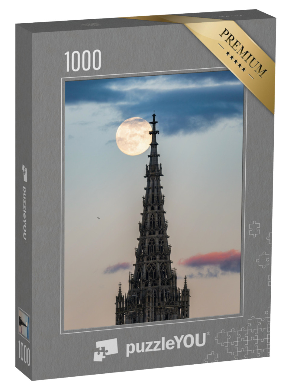 Puzzle 1000 Teile „Spitze des Ulmer Münsters mit Vollmond, Baden-Württemberg, Deutschland“