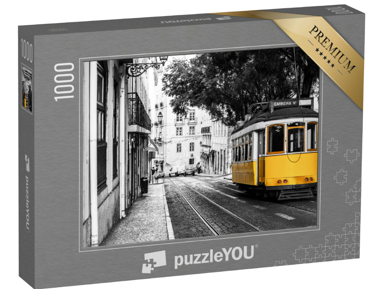 Puzzle 1000 Teile „Gelbe Straßenbahn auf alten Straßen von Lissabon, Portugal“