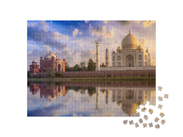 Puzzle 1000 Teile „Taj Mahal: malerischer Sonnenuntergang mit prächtigem Himmel, Agra, Indien“
