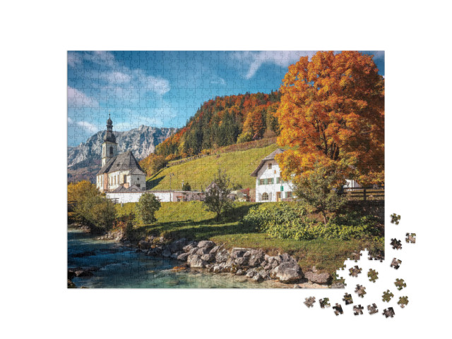 Puzzle 1000 Teile „Wunderschöne sonnige Herbstlandschaft: Bayerische Alpen bei Ramsau, Deutschland“