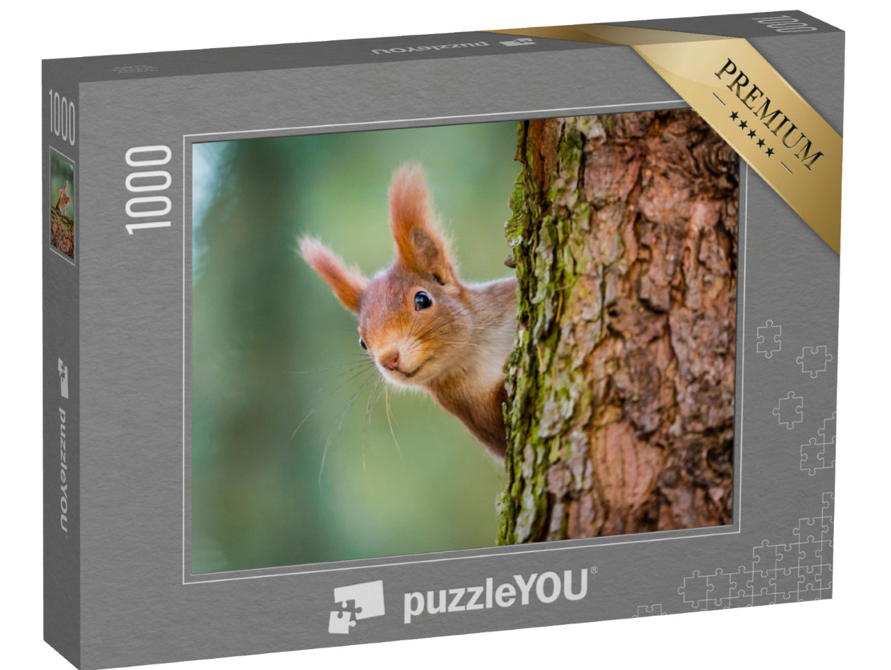 Puzzle 1000 Teile „Neugieriges rotes Eichhörnchen lugt hinter dem Baumstamm hervor“