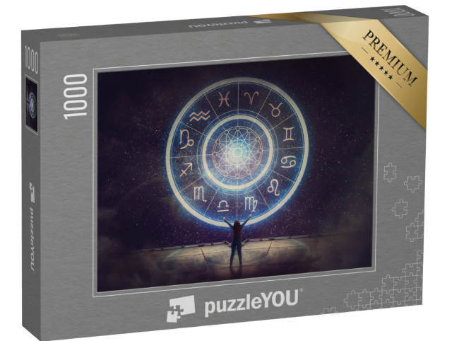 Puzzle 1000 Teile „Frau hebt Hände und schaut in den Nachthimmel, Tierkreiszeichen“