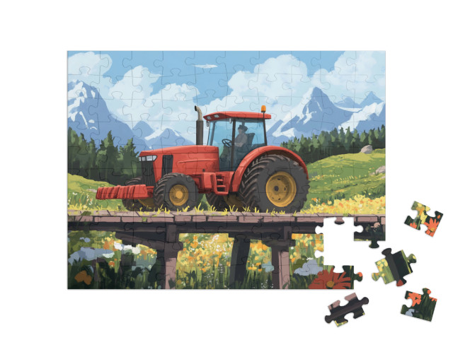 Puzzle 100 Teile „Der rote Traktor auf Bergtour“