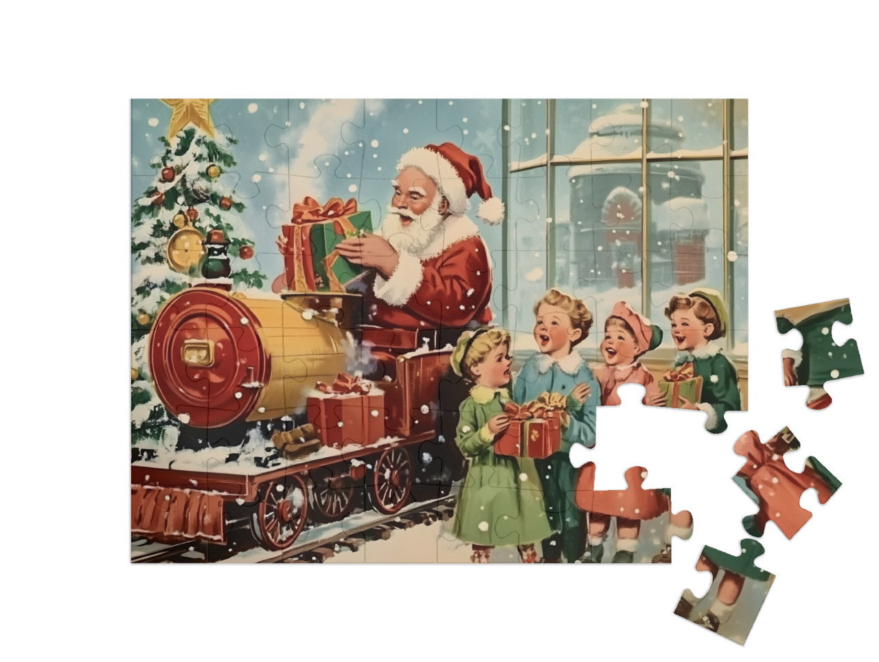 Puzzle 48 Teile „Vintage Weihnachtsmotiv: Weihnachtsmann mit singenden Kindern“