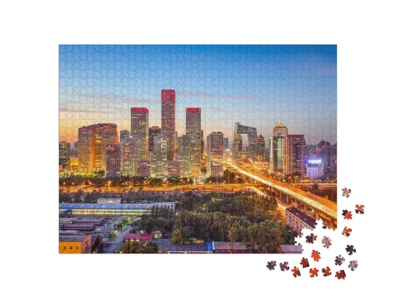 Puzzle 1000 Teile „Beeindruckende Skyline von Peking, China, bei Sonnenuntergang, Lichter der Stadt“