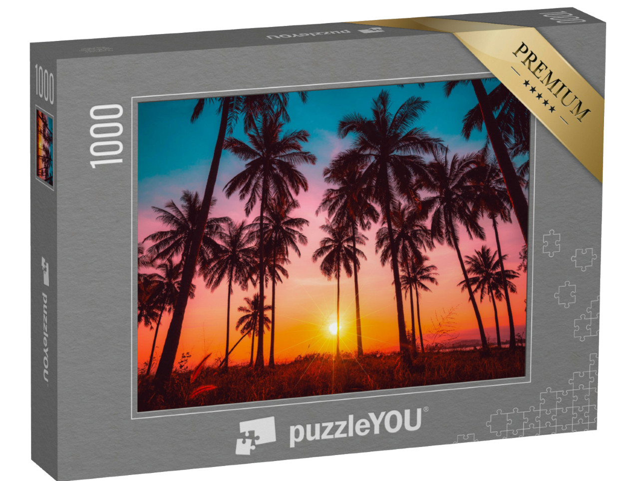 Puzzle 1000 Teile „Kokosnusspalmen am Strand bei Sonnenuntergang“