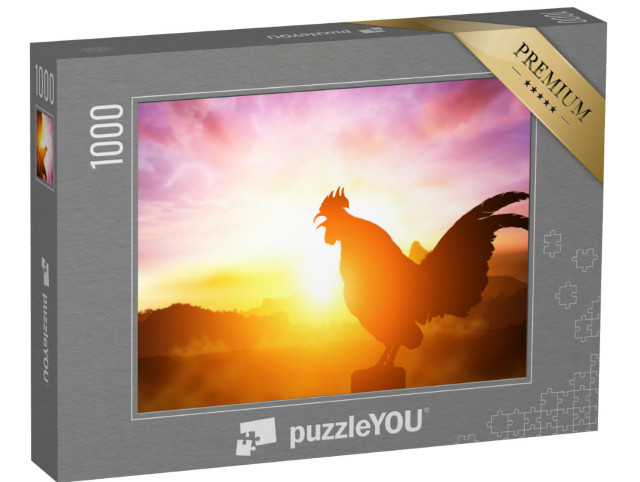 Puzzle 1000 Teile „Silhouette eines krähenden Hahnes im strahlenden Sonnenaufgang“