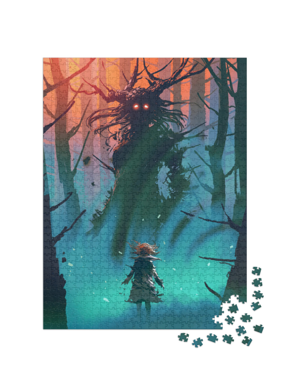 Puzzle 1000 Teile „Kleines Mädchen und eine Hexe schauen sich im Wald an, digitaler Kunststil“