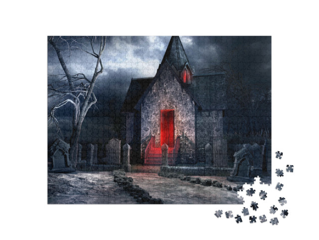 Puzzle 1000 Teile „Düstere Gothic-Szenerie mit alter Gruft, gruseligem Baum und Knochen“