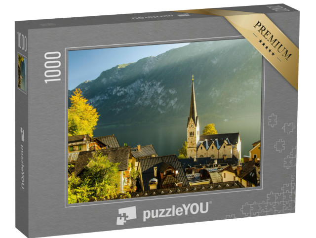 Puzzle 1000 Teile „Sonnenuntergang mit prächtigem Himmel: Blick auf Hallstatt, Österreich“