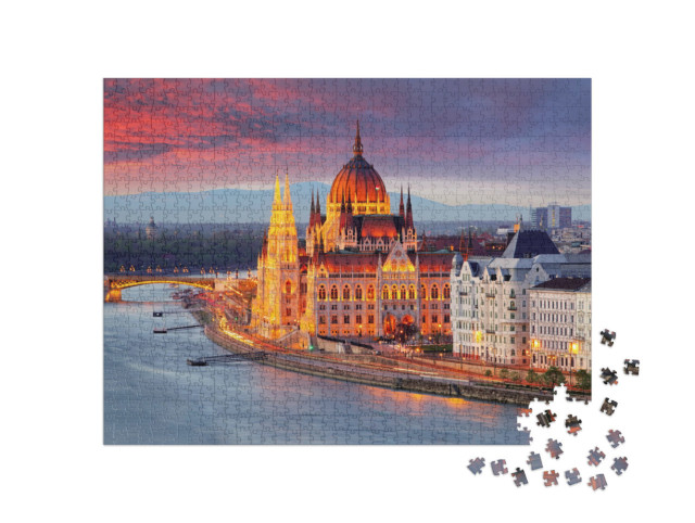 Puzzle 1000 Teile „Ungarisches Parlament, Budapest bei Sonnenuntergang“