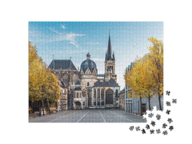Puzzle 1000 Teile „Riesige gotische Kathedrale in Aachen im Herbst, Deutschland“