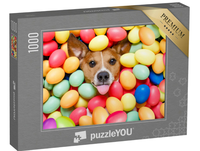Puzzle 1000 Teile „Frohe Ostern: Ein kleiner Hund versteckt sich in Ostereiern“