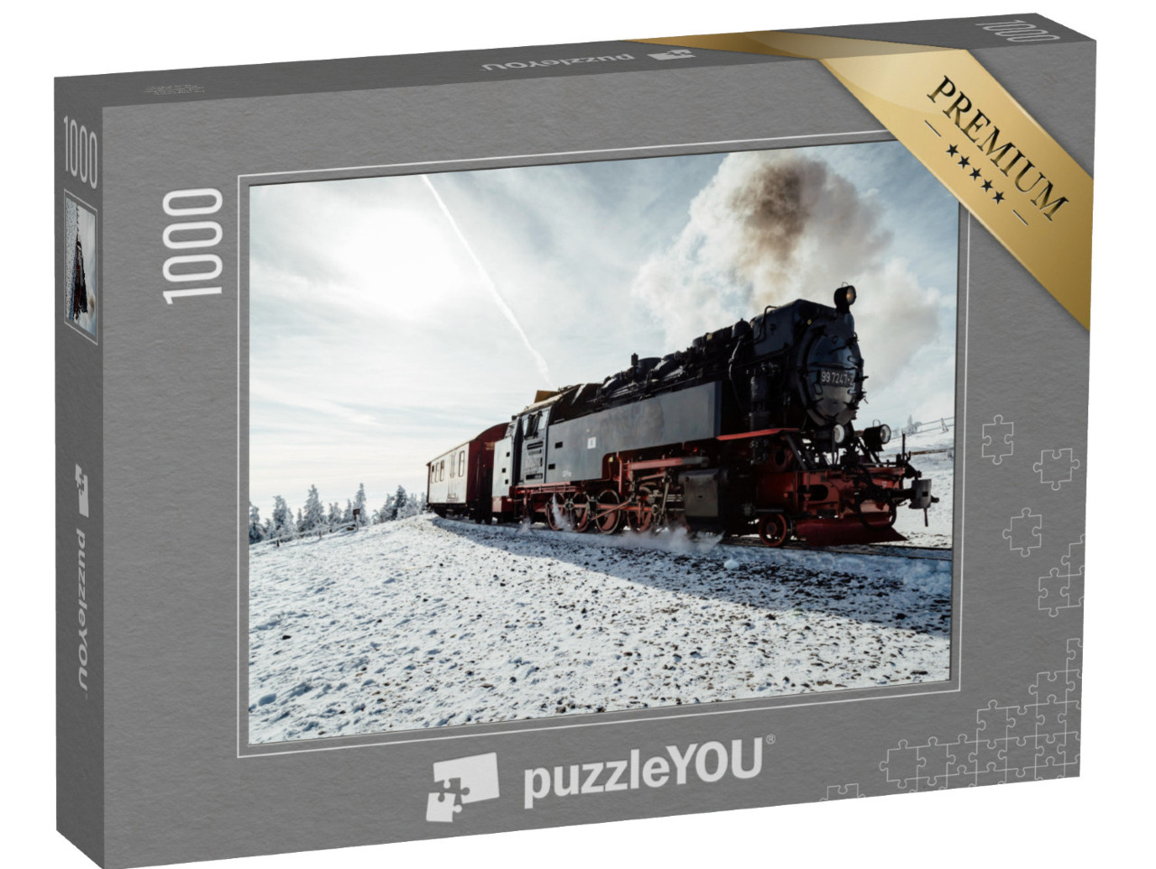 Puzzle 1000 Teile „Dampfzug im Winter auf dem Brocken, Harz“