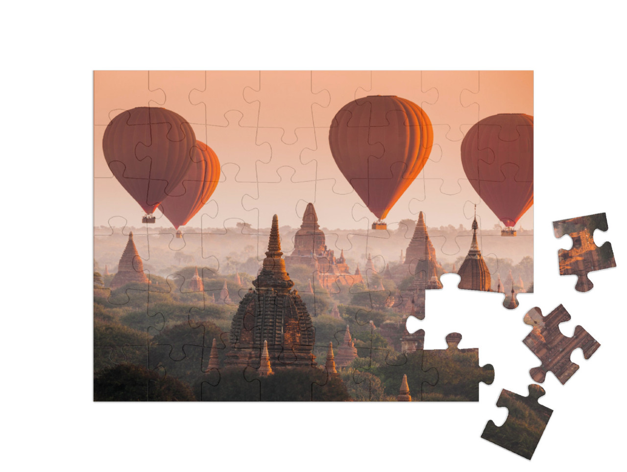 Puzzle 48 Teile „Heißluftballon über der Ebene von Bagan am nebligen Morgen, Myanmar“