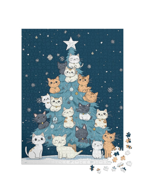 Puzzle 1000 Teile „Winter-Illustration: Weihnachtsbaum voller süßer Katzen“