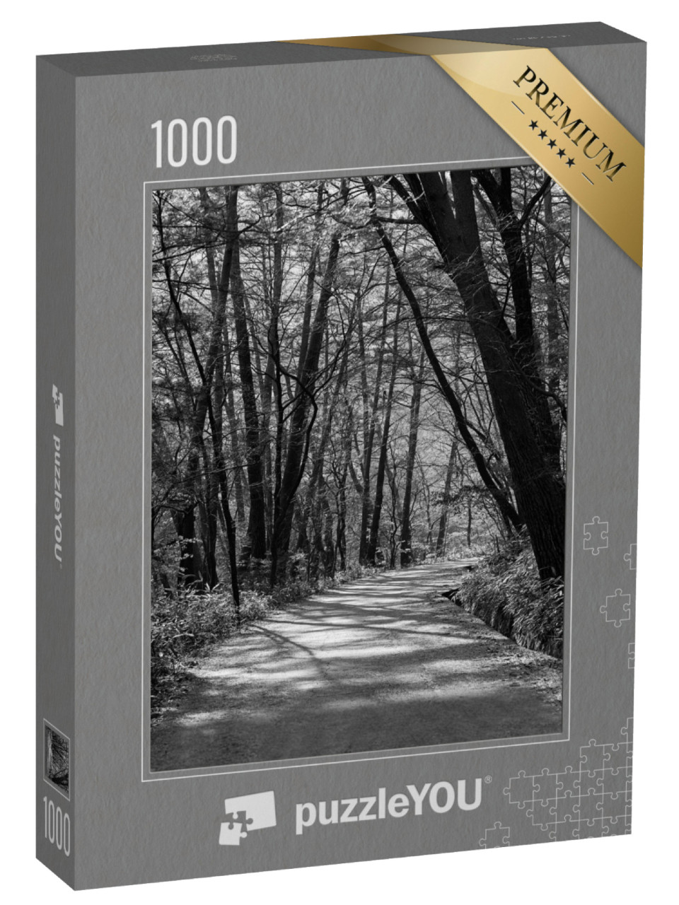 Puzzle 1000 Teile „Wunderschöner Weg im Wald, schwarz-weiß“