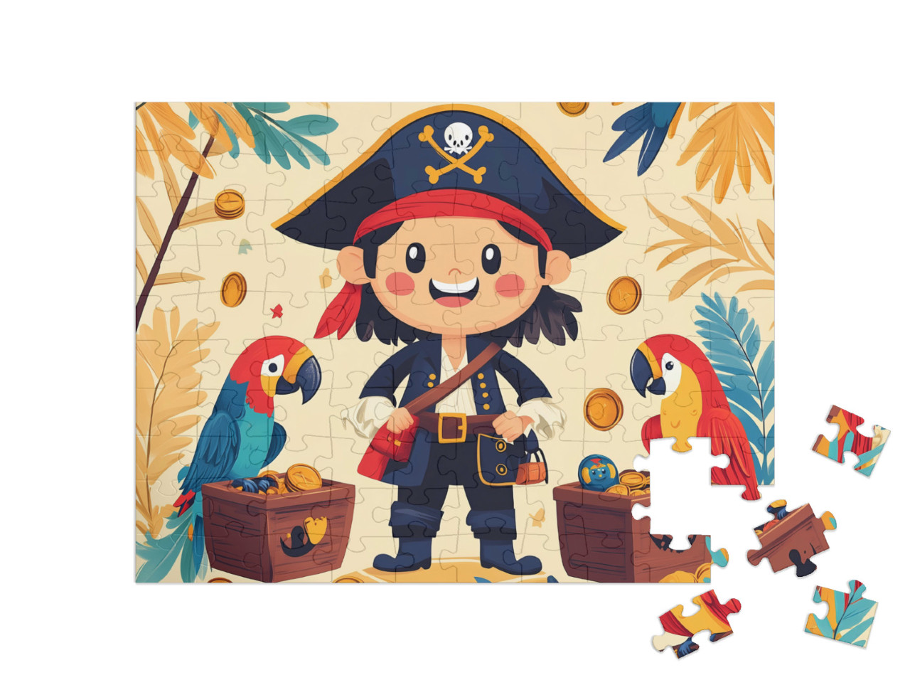 Puzzle 100 Teile „Pirat Piet und sein Schatz im Papageienwald“