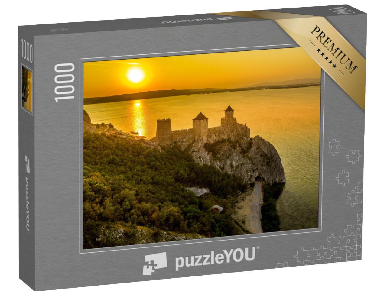 Puzzle 1000 Teile „Silhouette der Burg Golubac bei Sonnenuntergang in Serbien entlang der Donau“