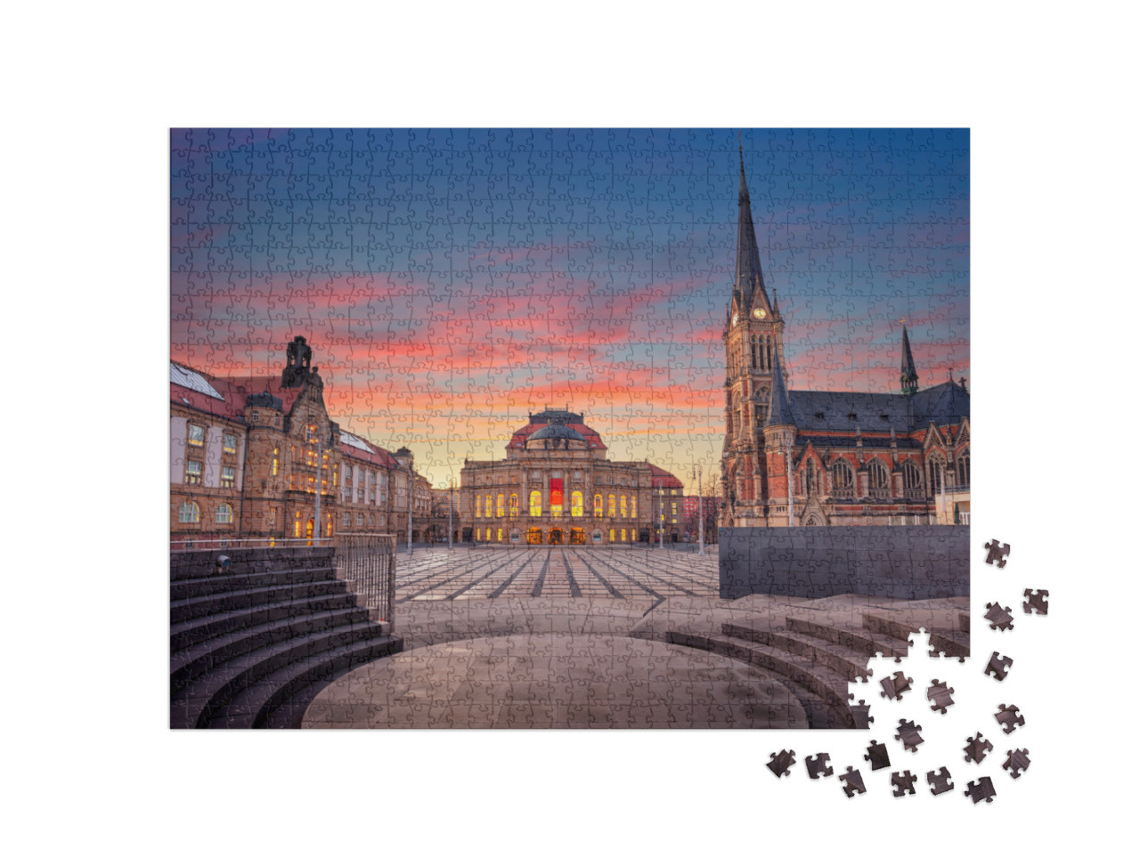 Puzzle 1000 Teile „Theaterplatz von Chemnitz am Abend, Deutschland“