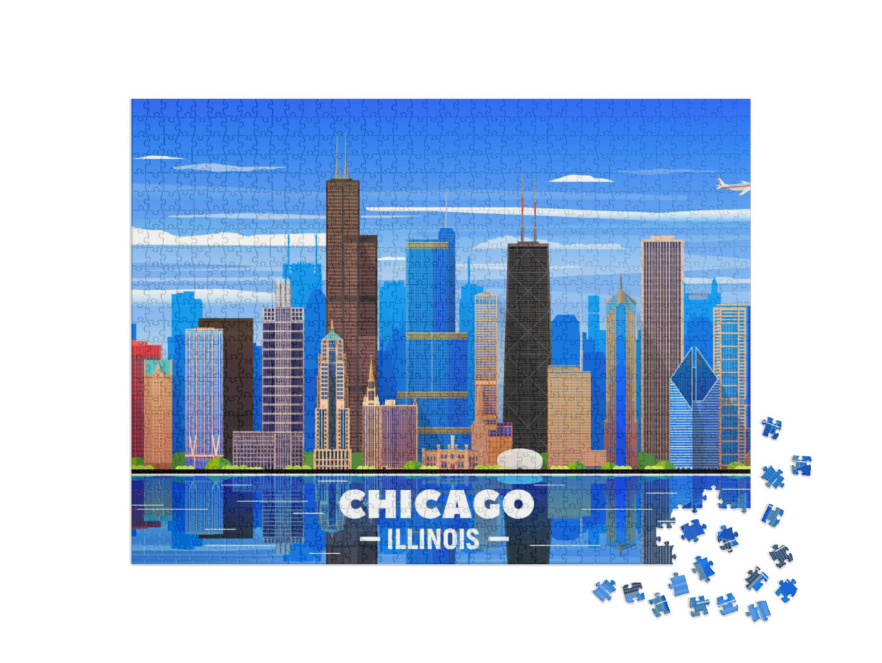 Puzzle 1000 Teile „Skyline von Chicago auf einem Hintergrund“