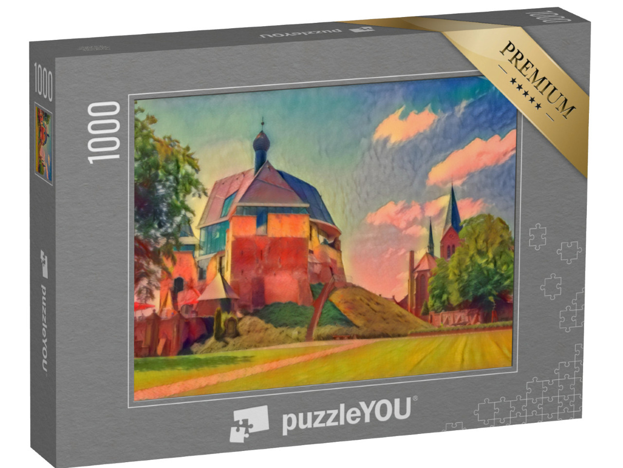 Puzzle 1000 Teile „im Kunst-Stil von Franz Marc - Schloss und Kirche in Keverburg an der Maas, Niederlande“