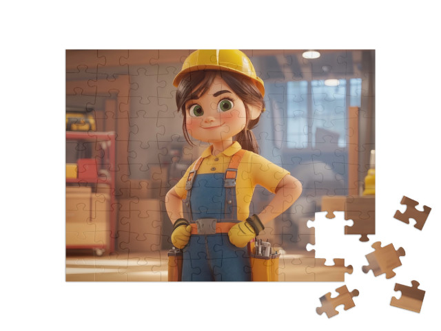 Puzzle 100 Teile „Die taffe Bauarbeiterin in ihrer Werkstatt“