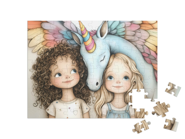 Puzzle 100 Teile „Unter den Regenbogenflügeln unseres Einhorn“