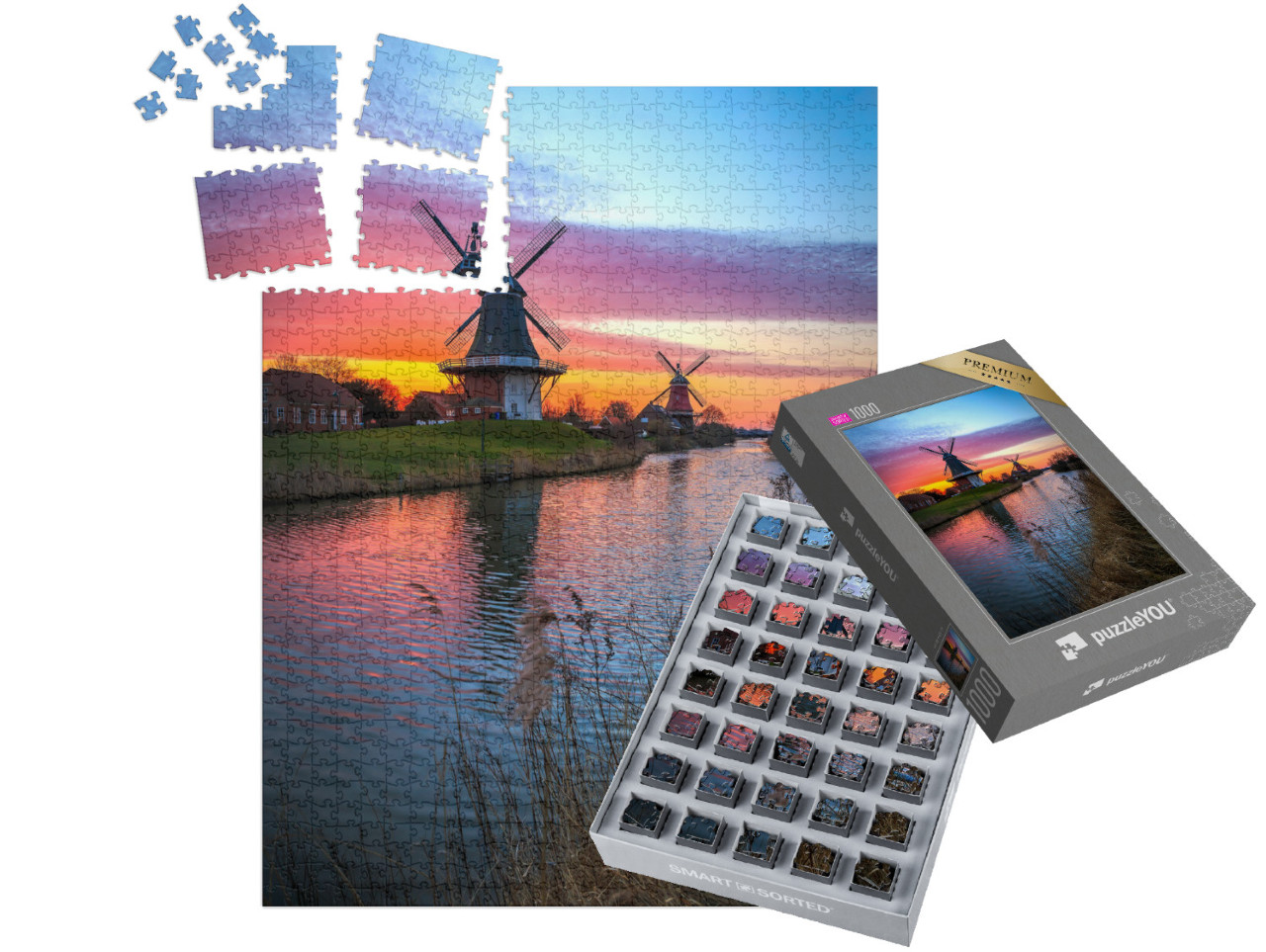 Puzzle „Zwillingsmühlen von Greetsiel, Ostfriesland bei Sonnenaufgang“ | SMART SORTED® 1000 Teile