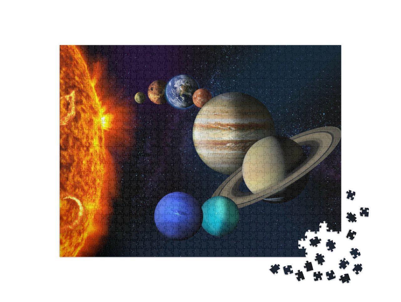 Puzzle 1000 Teile „Sonne und die Planeten unseres Sonnensystems vor einem sternenklaren Hintergrund“