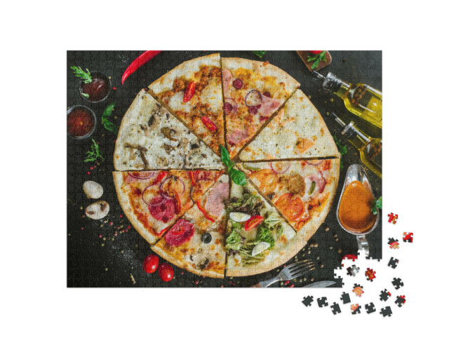 Puzzle 1000 Teile „Verschiedene Pizzastücke einer großen Pizza“