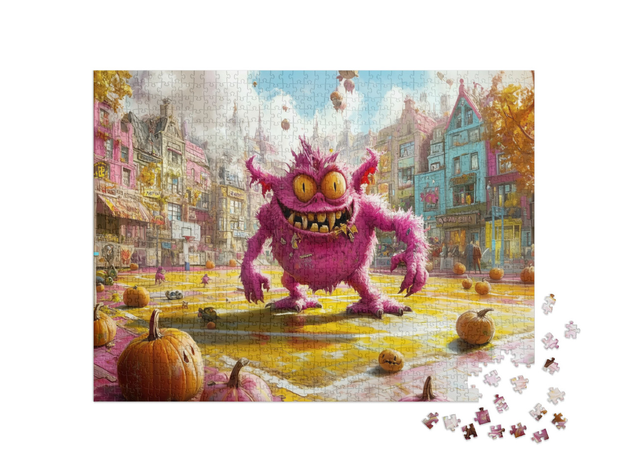 Puzzle 1000 Teile „Lila Monster auf Basketballfeld an Halloween“