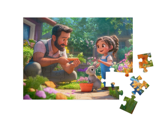 Puzzle 48 Teile „Frühlingsspaß mit Papa und Kaninchen“