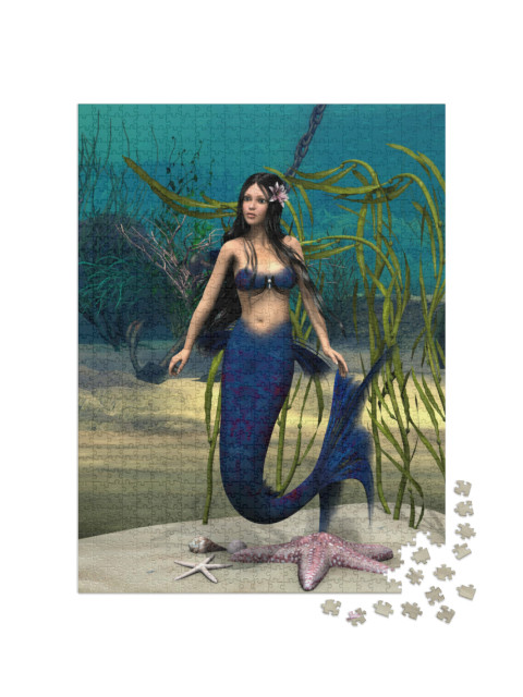 Puzzle 1000 Teile „Digitale Kunst: Meerjungfrau im blauem Fantasy-Ozean“