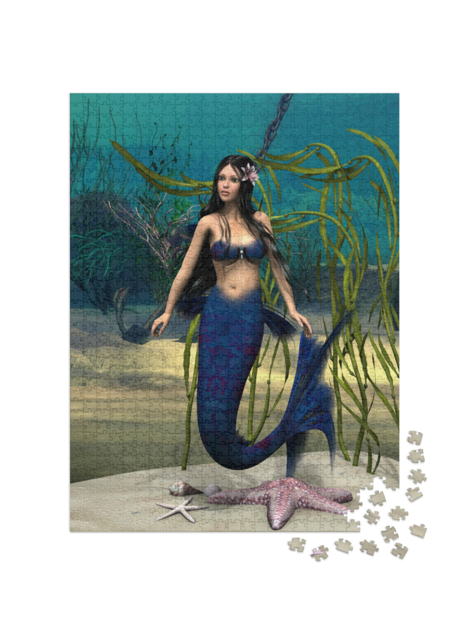 Puzzle 1000 Teile „Digitale Kunst: Meerjungfrau im blauem Fantasy-Ozean“