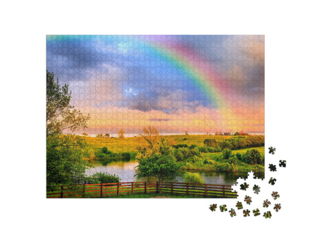 Puzzle 1000 Teile „Ruhige Landschaft nach dem Sturm mit leuchtendem Regenbogen“