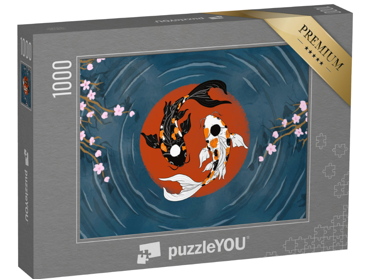 Puzzle 1000 Teile „Orientalischer Yin-Yang-Koi in einem Teich mit Kirschblüten“