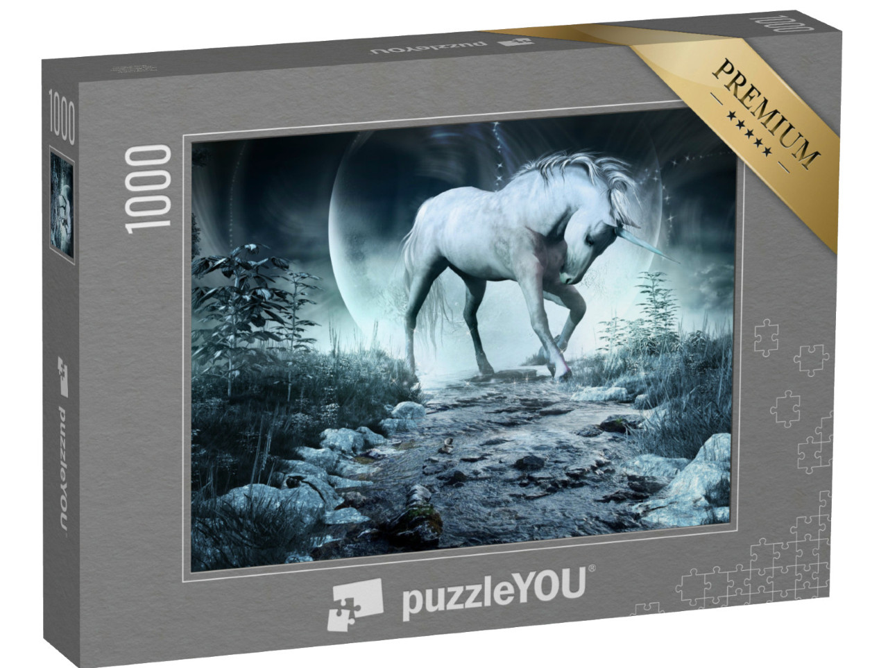 Puzzle 1000 Teile „Nachtszene mit Einhorn, Bach und Mond, 3D-Illustration“