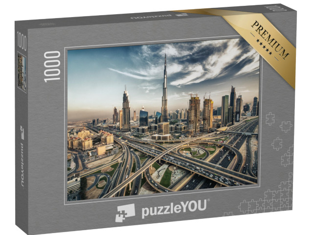 Puzzle 1000 Teile „Skyline von Dubai mit der Stadt in der Nähe der verkehrsreichsten Schnellstraße“