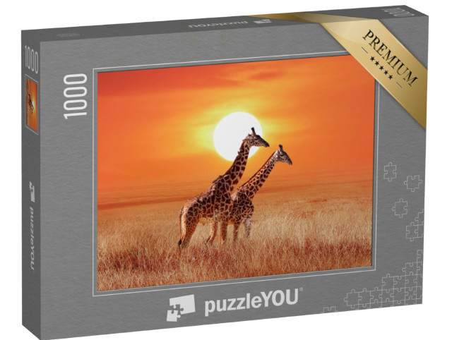 Puzzle 1000 Teile „Giraffen im glühenden Sonnenuntergang, Serengeti-Nationalpark“