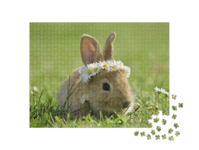 Puzzle 1000 Teile „Süßes kleines Kaninchen mit Gänseblümchenkranz“