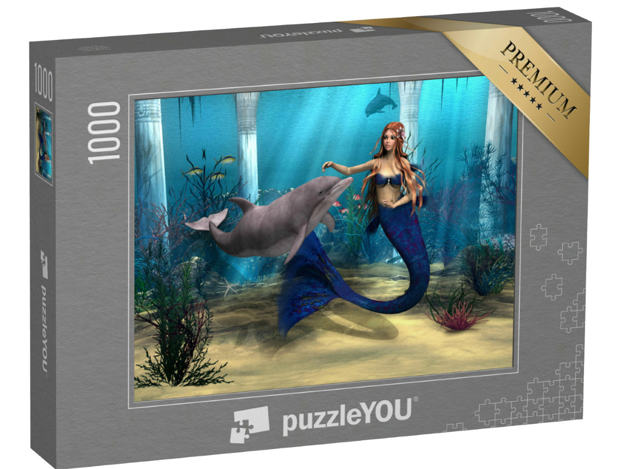 Puzzle 1000 Teile „Digitale Kusnt: Meerjungfrau und Delphin im Fantasy-Ozean“