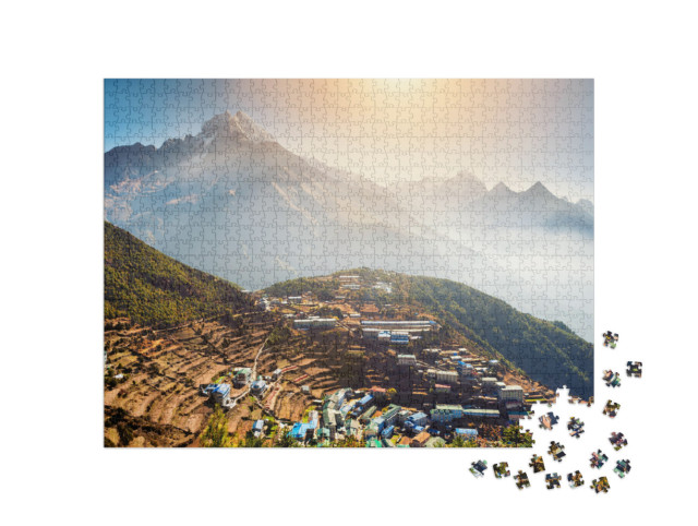 Puzzle 1000 Teile „Blick auf das Dorf Namche Bazar am Fuße des Everest Base Camp, Himalaya, Nepal“