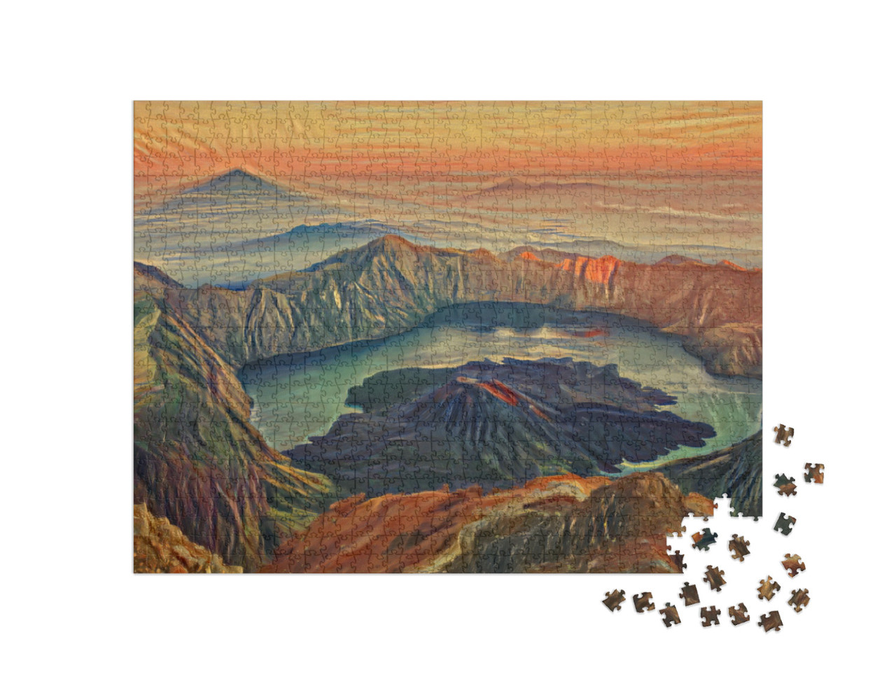 Puzzle 1000 Teile „im Stil von Edvard Munch, Der Schrei - Sonnenaufgang vom Berg Rinjani, Lombok, Indonesien“