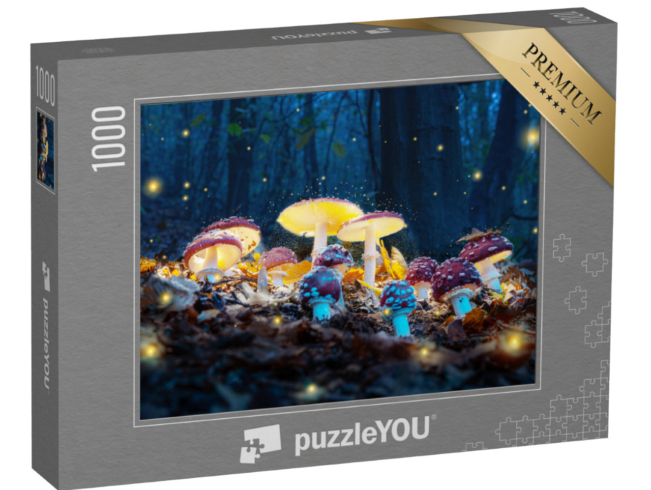 Puzzle 1000 Teile „Mystische Fliegenpilze leuchten im dunklen Wald“