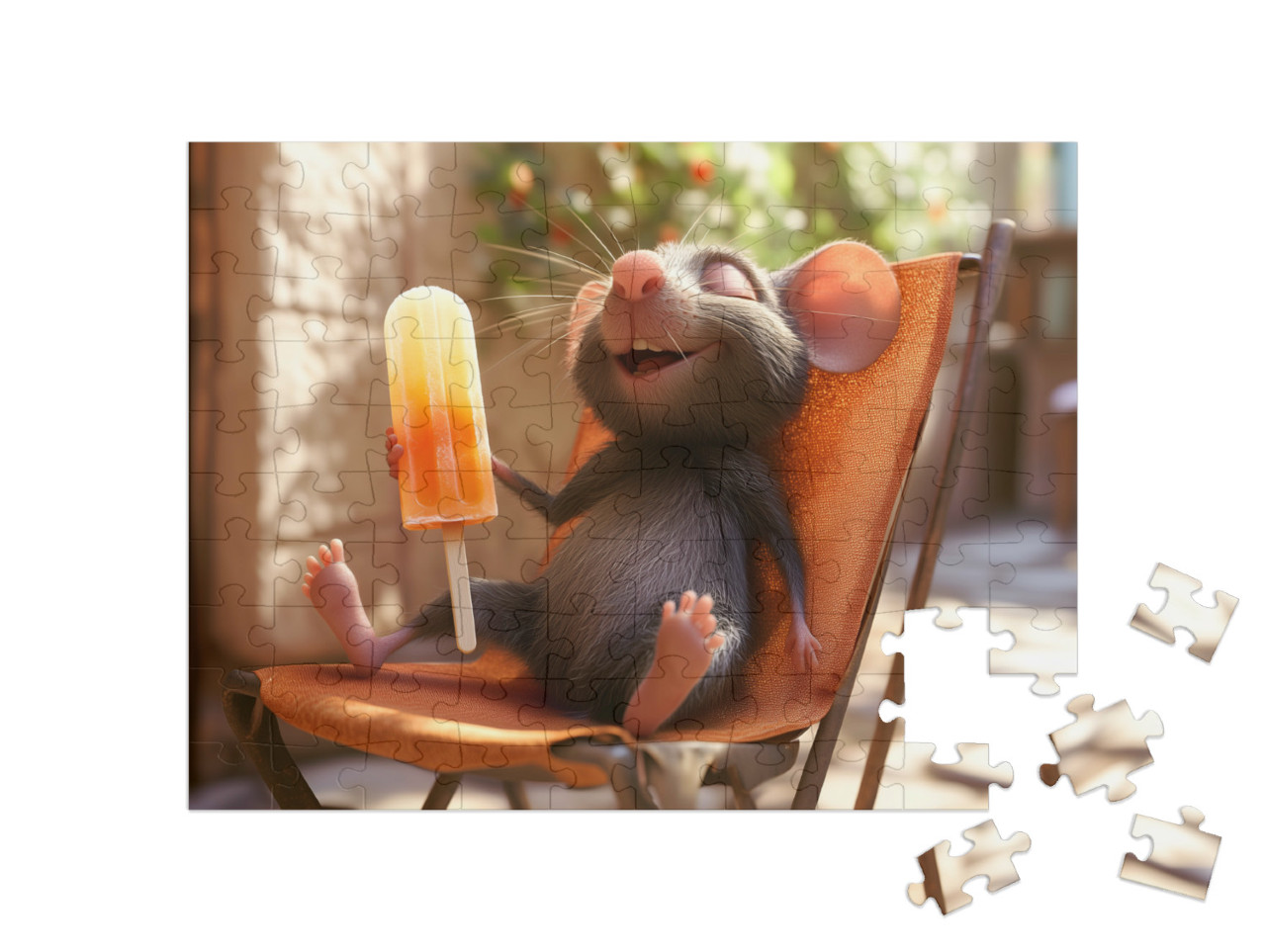 Puzzle 100 Teile „Ratte Fips genießt sein Eis in der Sonnenliege“